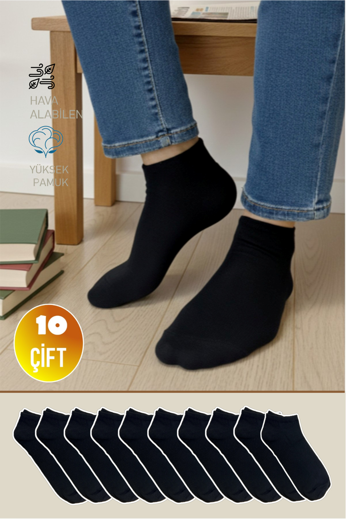 10 Pairs of Cotton Lycra Black Unisex Booties Socks