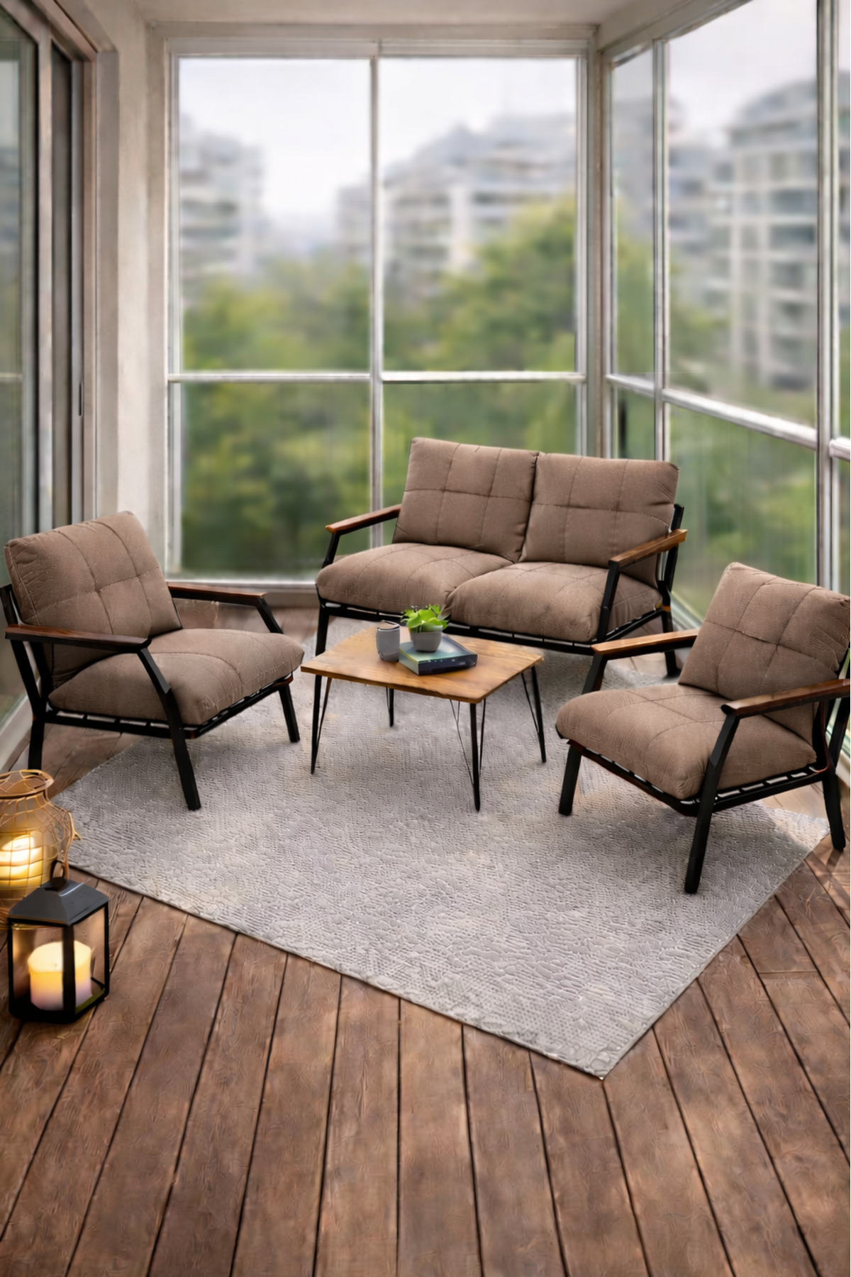 Linda 211 Brown Zippered Garden Balcony Set with Coffee Table, Cafe, Living Room - Metal Sofa Set