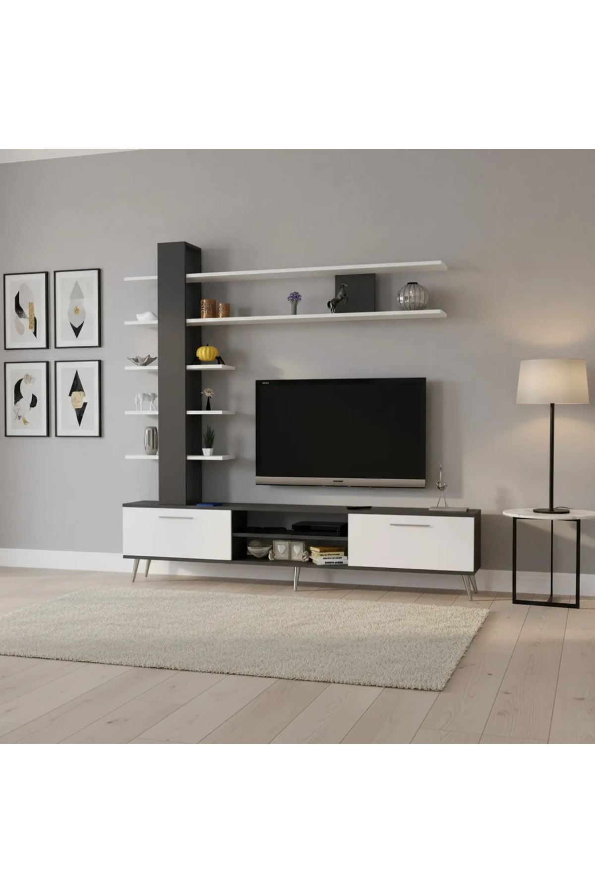 طاولة تلفزيون مع رفوف ابيض ورمادي - TV07