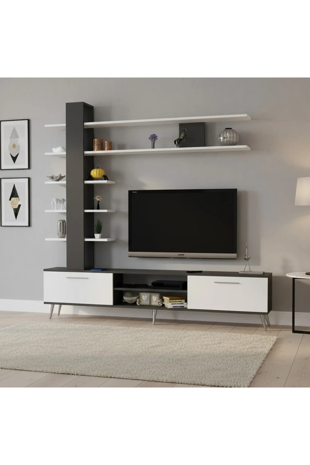 طاولة تلفزيون مع رفوف ابيض ورمادي - TV07