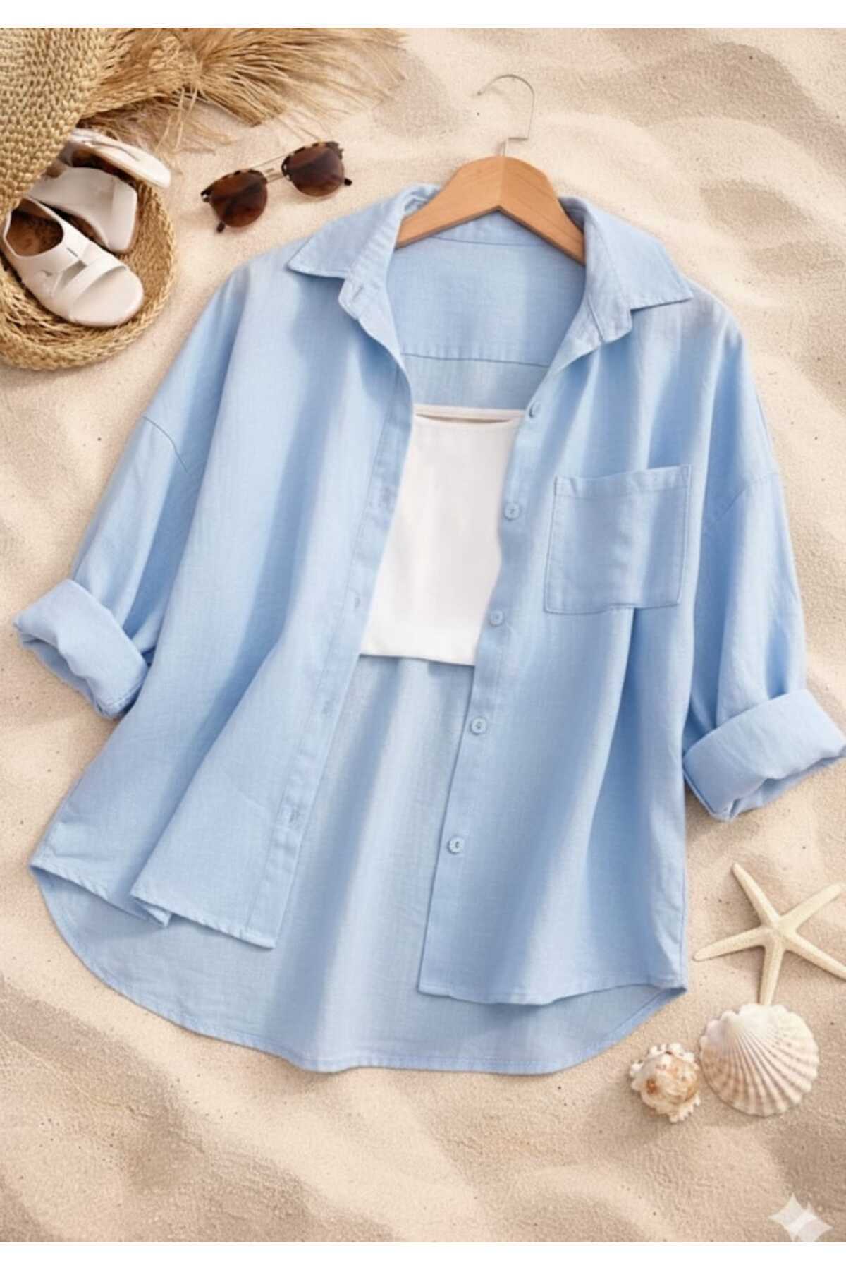 blackbonds  Kadın Keten bebemavi Gömlek Yazlık Oversize Gömlek Yeni Sezon