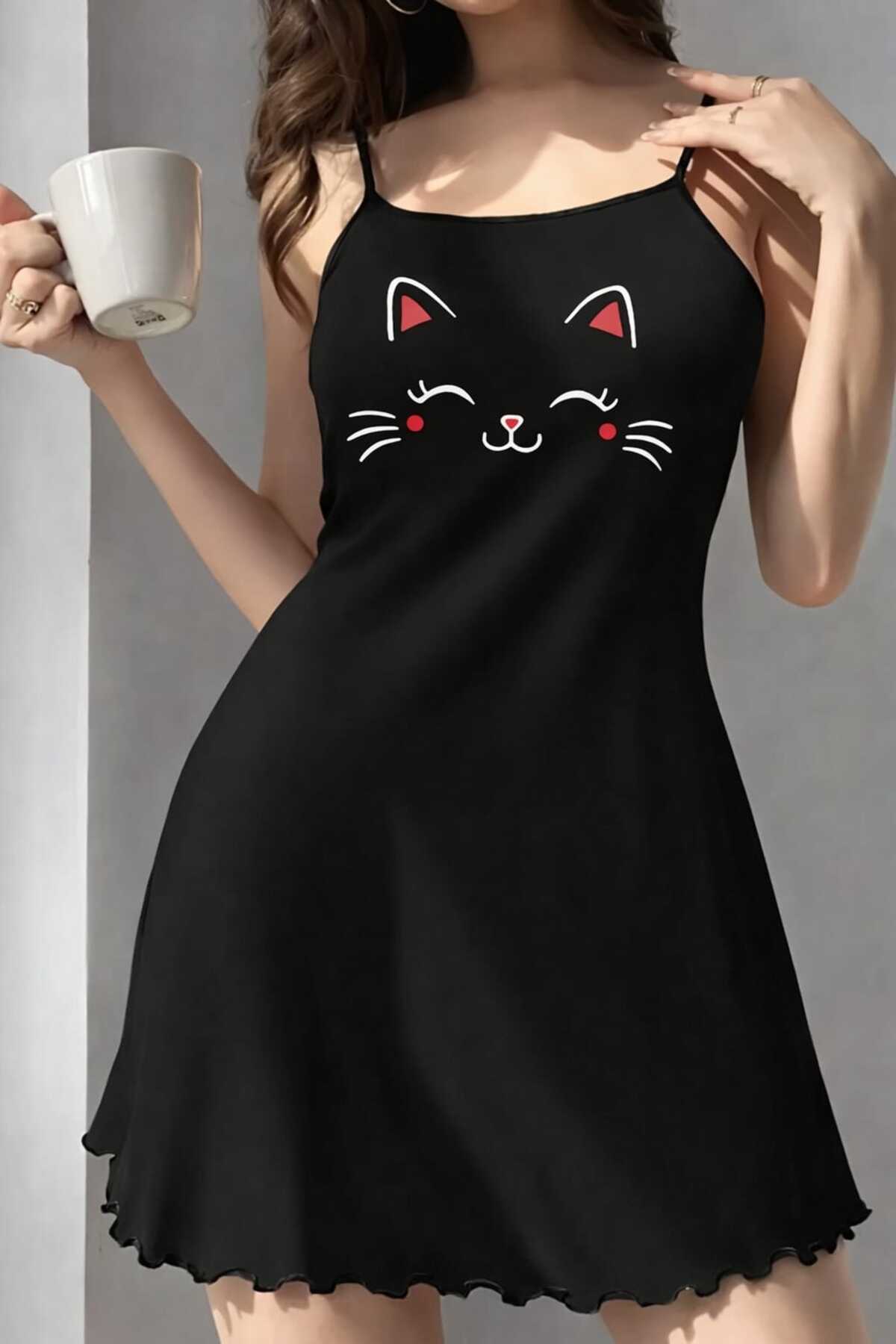 Sebalma Fashion Kadın Siyah İp Askılı Penye Gecelik – Kedi Baskılı