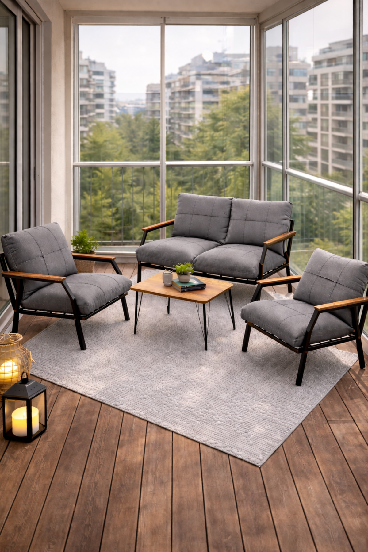 Linda 211 Gray Zippered Garden Balcony Set with Coffee Table, Cafe, Living Room - Metal Sofa Set