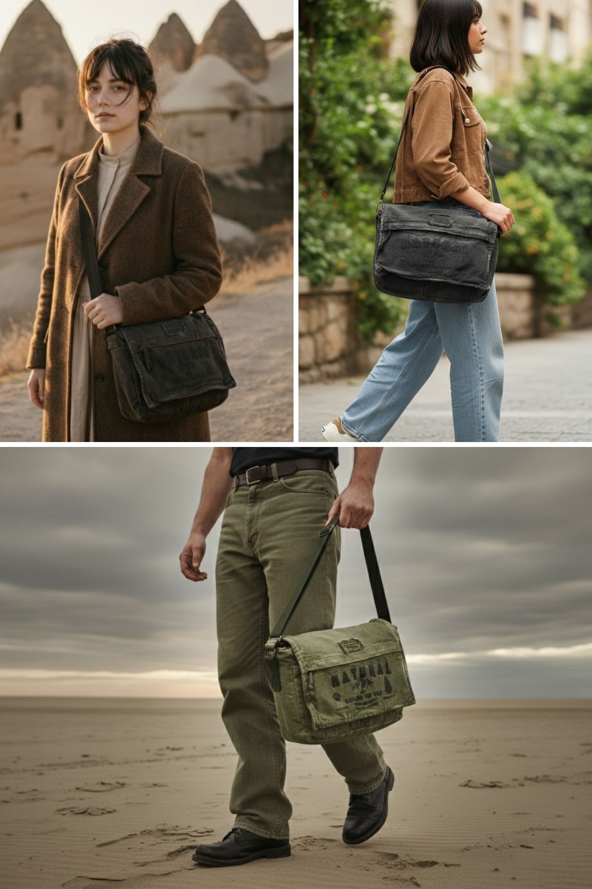 Cappadocia Vintage  4028 Siyah Salaş Omuz Çantası Pamuk Kanvas Postacı Laptop Okul Seyahat Günlük Vintage Retro - Görsel 8