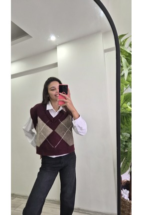 yoe butik Bordo Baklava Desenli Süveter