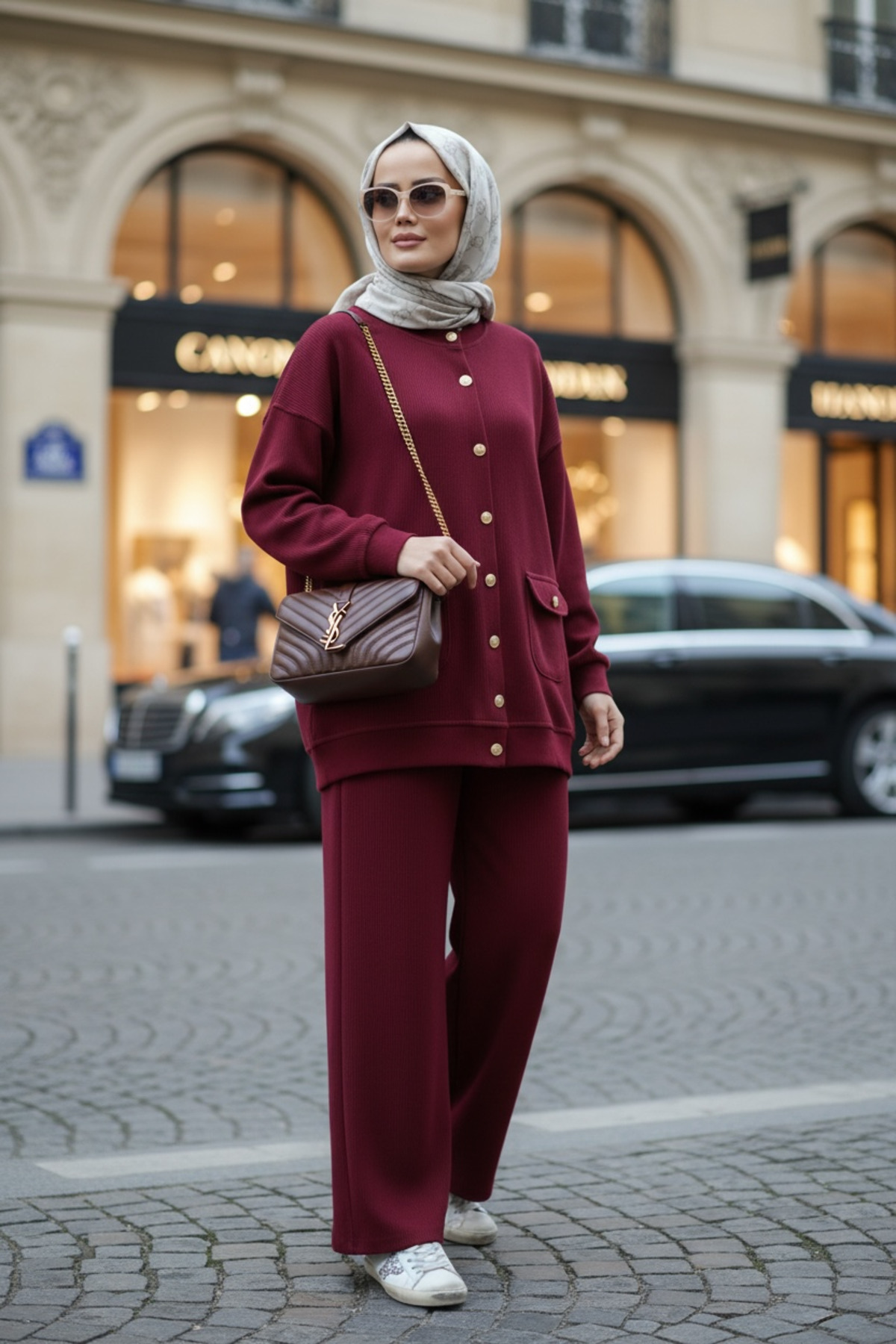 Aselim Hijap Moda Oslo Thessaloniki Fabric Cardigan Double Suit – O Oversized Mold – Winter Hijab Suit Burgundy