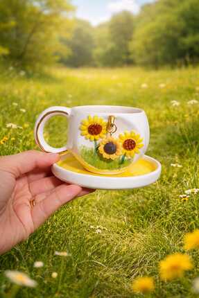 Ceresshop EL YAPIMI AYÇİÇEK CHARMLI SERAMİK FİNCAN