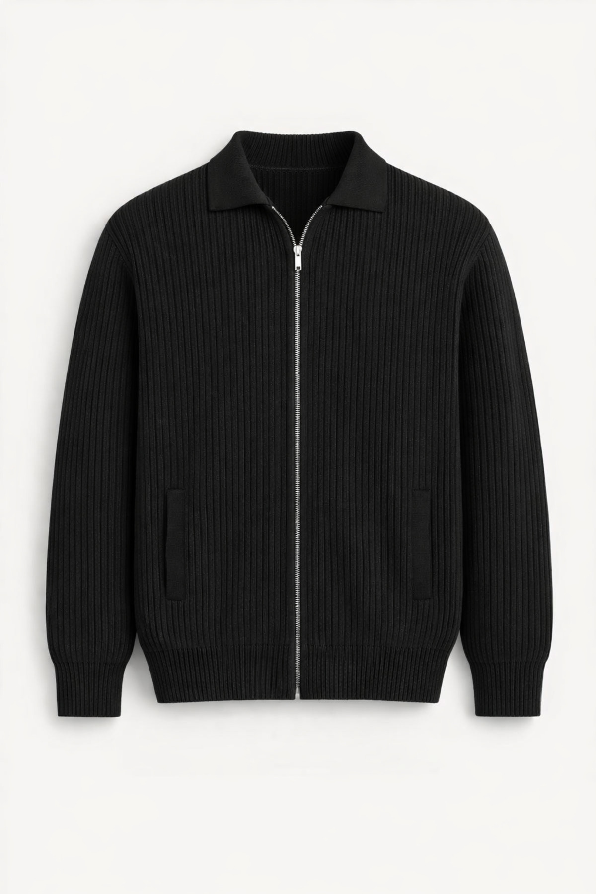 Valiberta  Coppola Selanik Örgü Polo Yaka Cepli Fermuarlı Rahat Kalıp Erkek Triko Hırka - Siyah