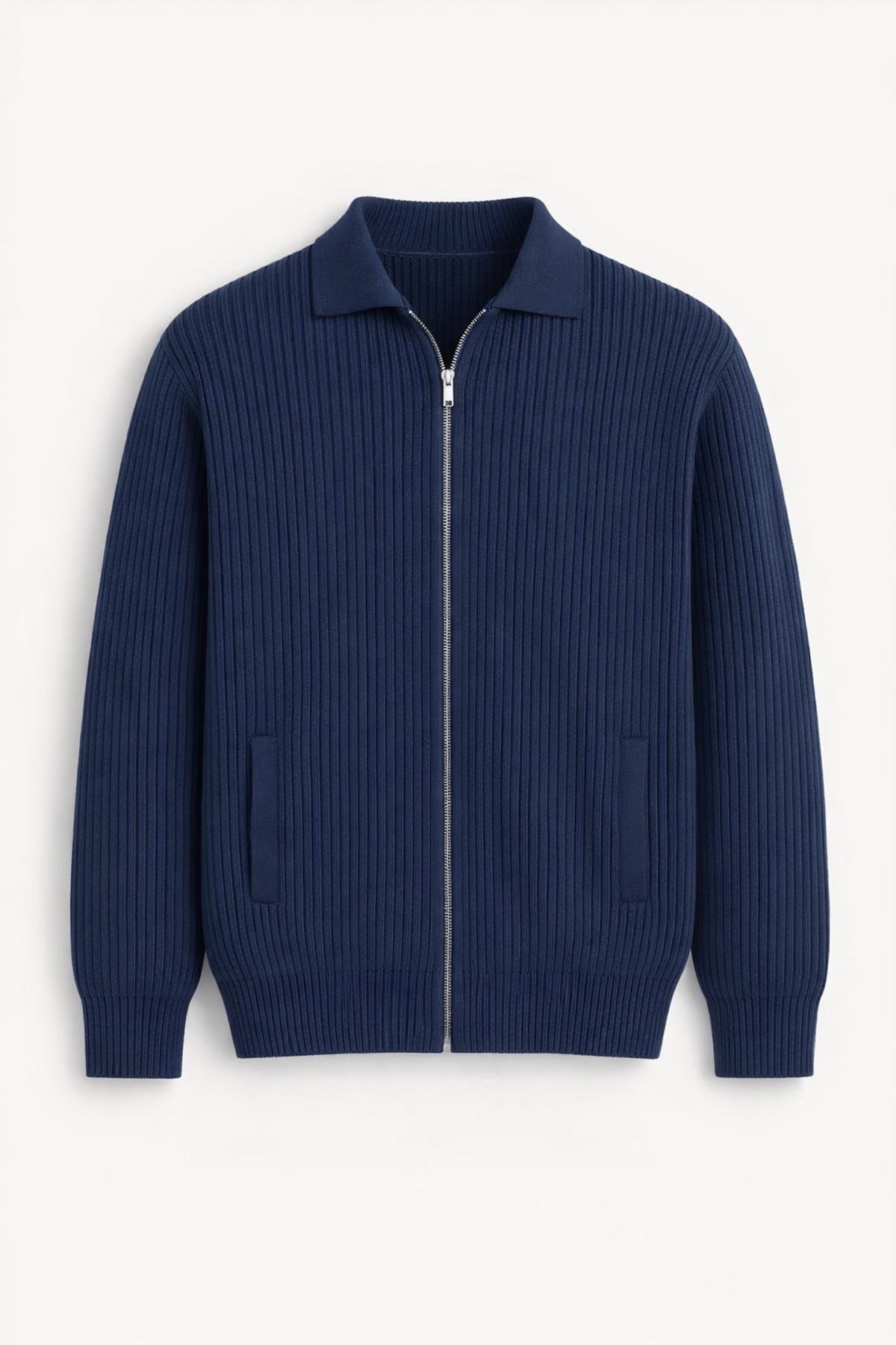 Valiberta  Coppola Selanik Örgü Polo Yaka Cepli Fermuarlı Rahat Kalıp Erkek Triko Hırka - İndigo