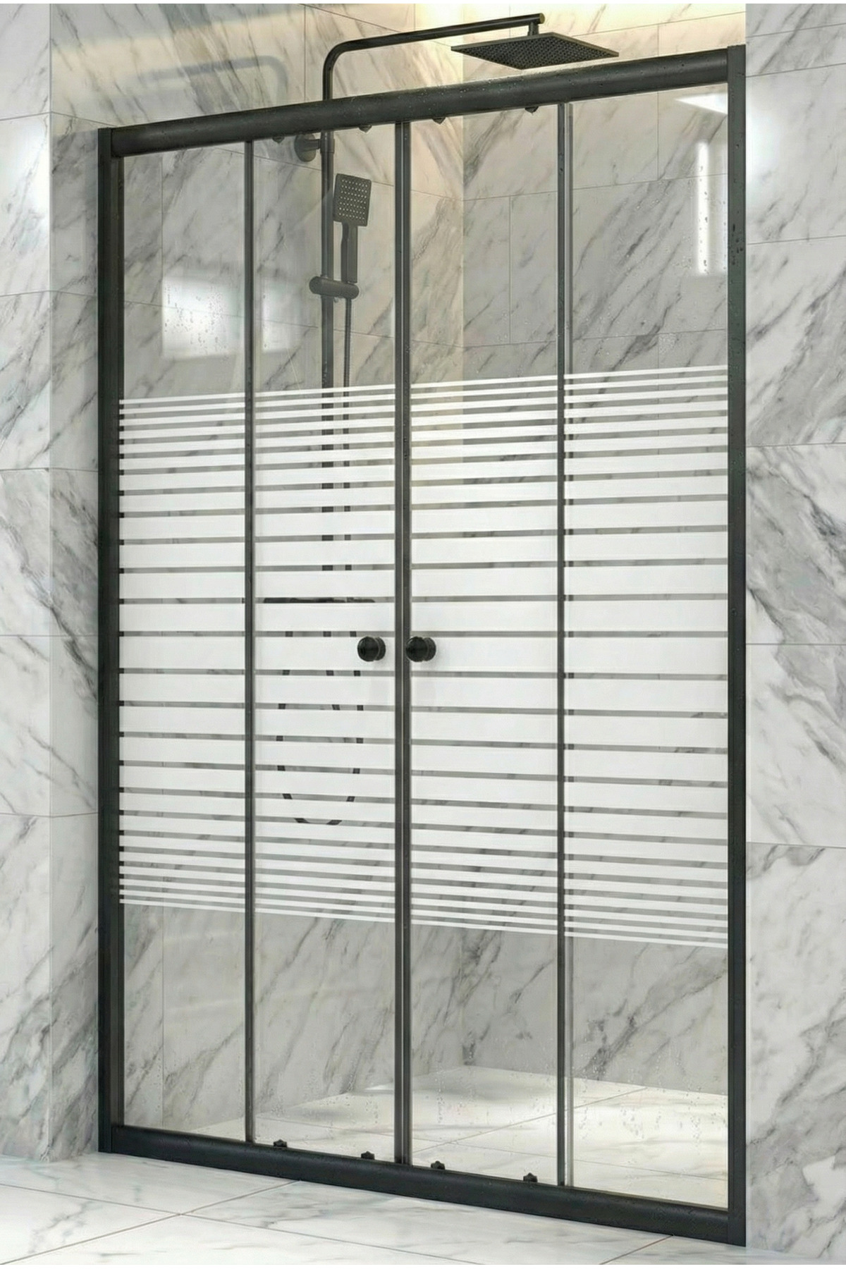 Shower Cabin Front Facade Two Walls Striped Pattern Black Profile