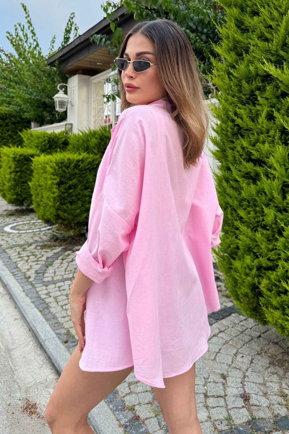 bb butik basic  Oversize Keten Dokulu %100 Pamuk Tek Cepli Salaş Gömlek BB-KU3435 - Görsel 3