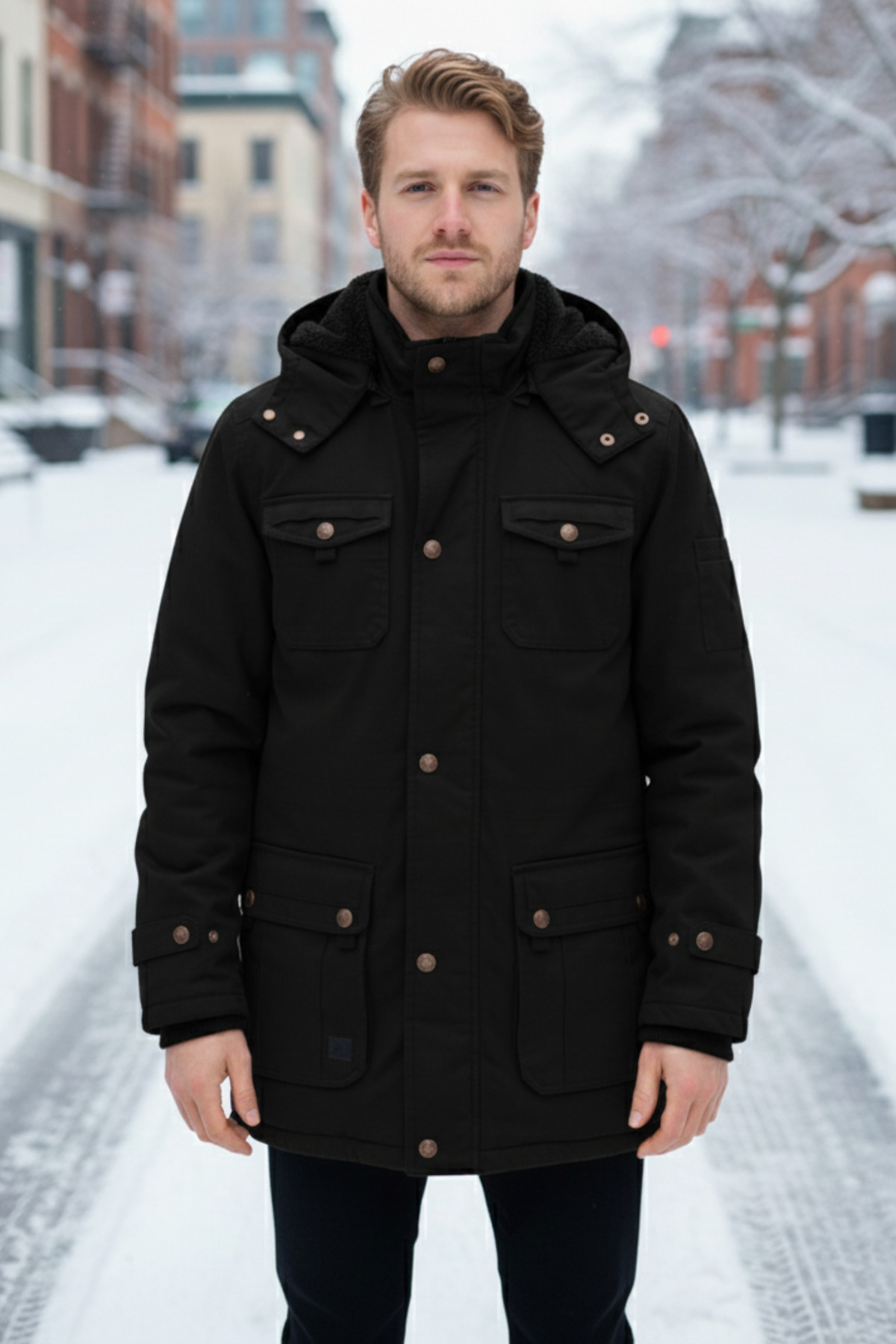 Dynamo  Erkek Siyah Kapüşonlu Kürk Astarlı Su Geçirmez Kaplamalı Kalın Kaban 2485