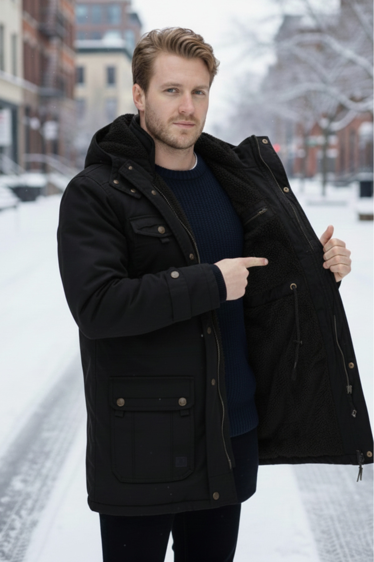 Dynamo  Erkek Siyah Kapüşonlu Kürk Astarlı Su Geçirmez Kaplamalı Kalın Kaban 2485 - Görsel 3