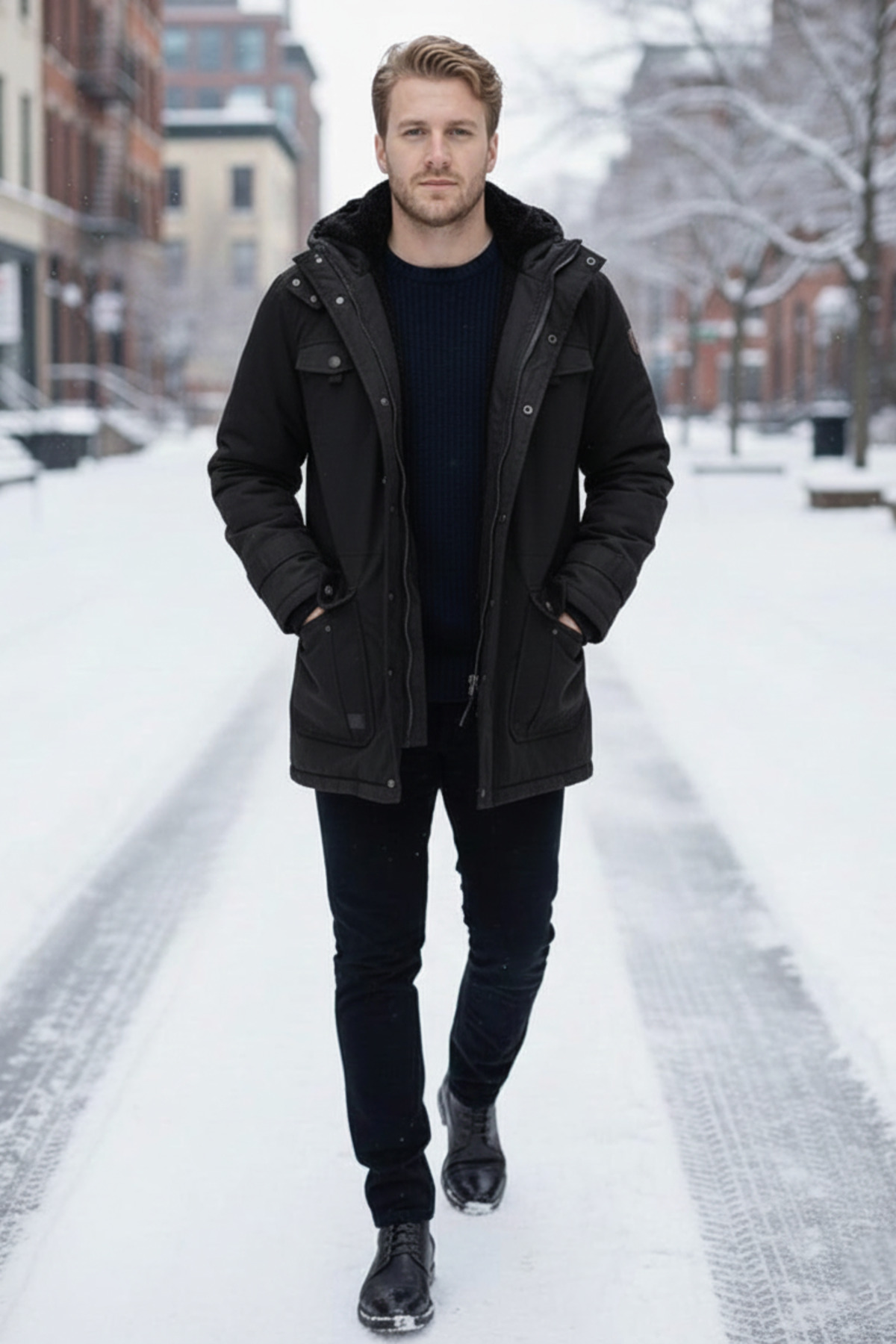 Dynamo  Erkek Siyah Kapüşonlu Kürk Astarlı Su Geçirmez Kaplamalı Kalın Kaban 2485 - Görsel 5