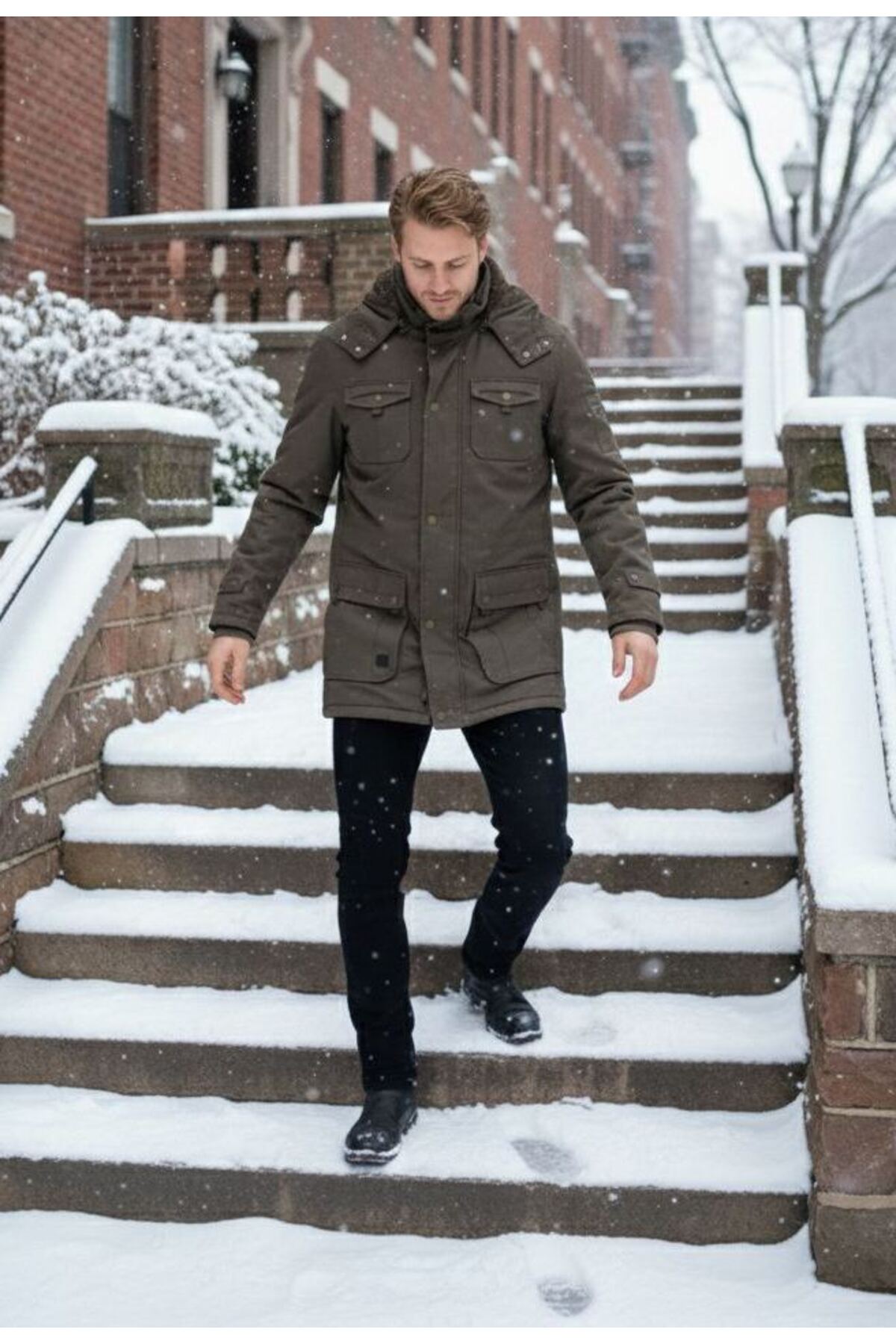 Dynamo  Erkek Haki Kapüşonlu Kürk Astarlı Su Geçirmez Kaplamalı Kalın Kaban 2485 - Görsel 7
