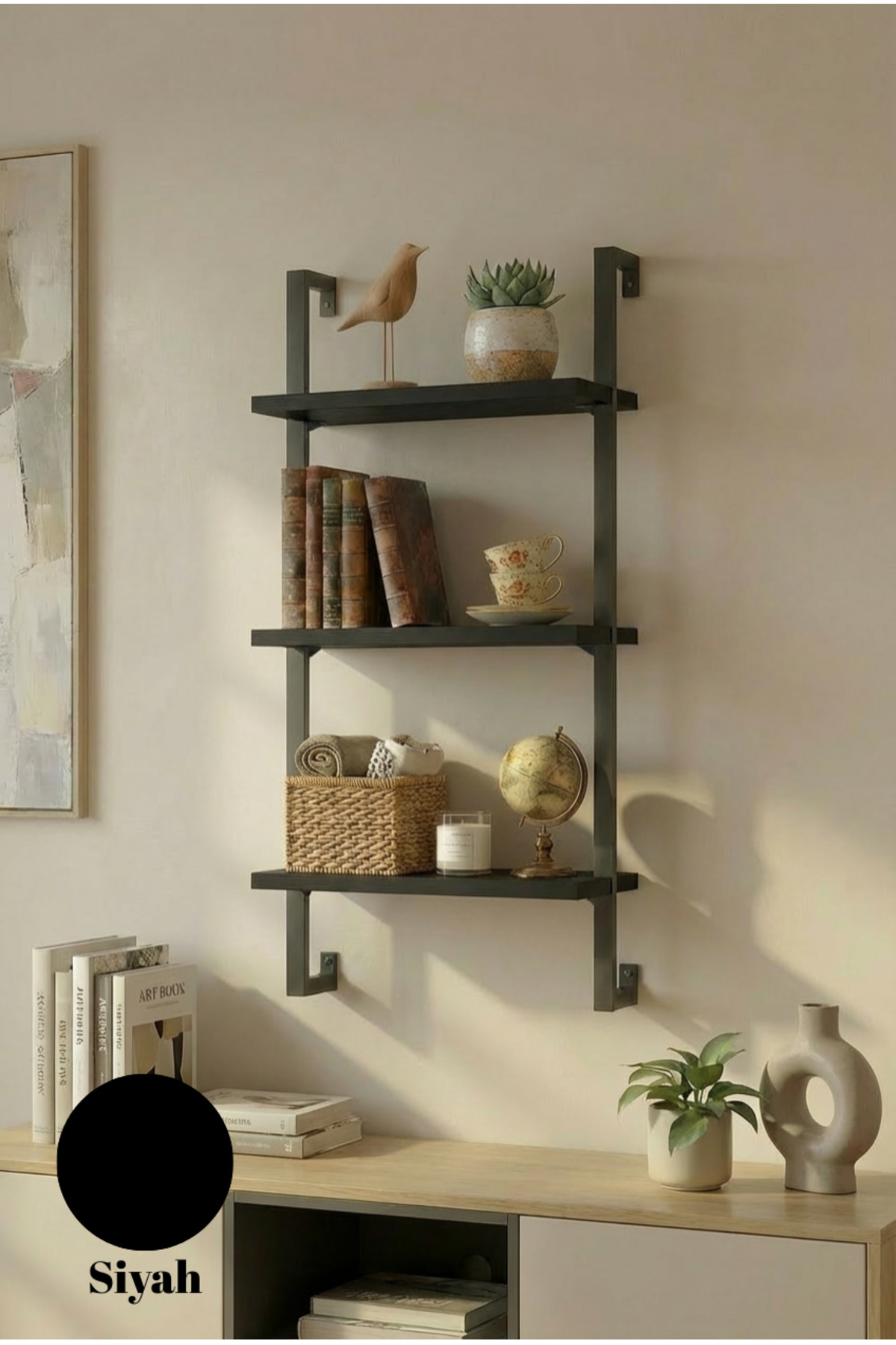 40x20cm Black Metal 3 Shelf Wall Shelf | Bookshelf & Kitchen Bathroom Organizer