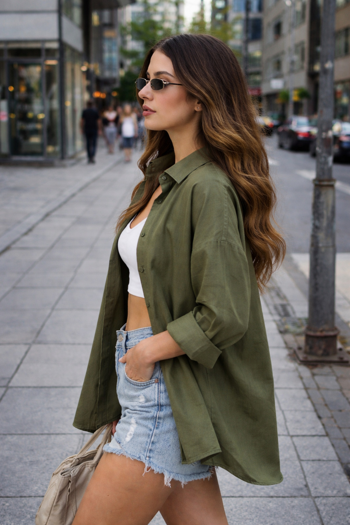 bb butik basic  Oversize Keten Dokulu %100 Pamuk Tek Cepli Salaş Haki Yeşil Gömlek BB-KU3435 - Görsel 3