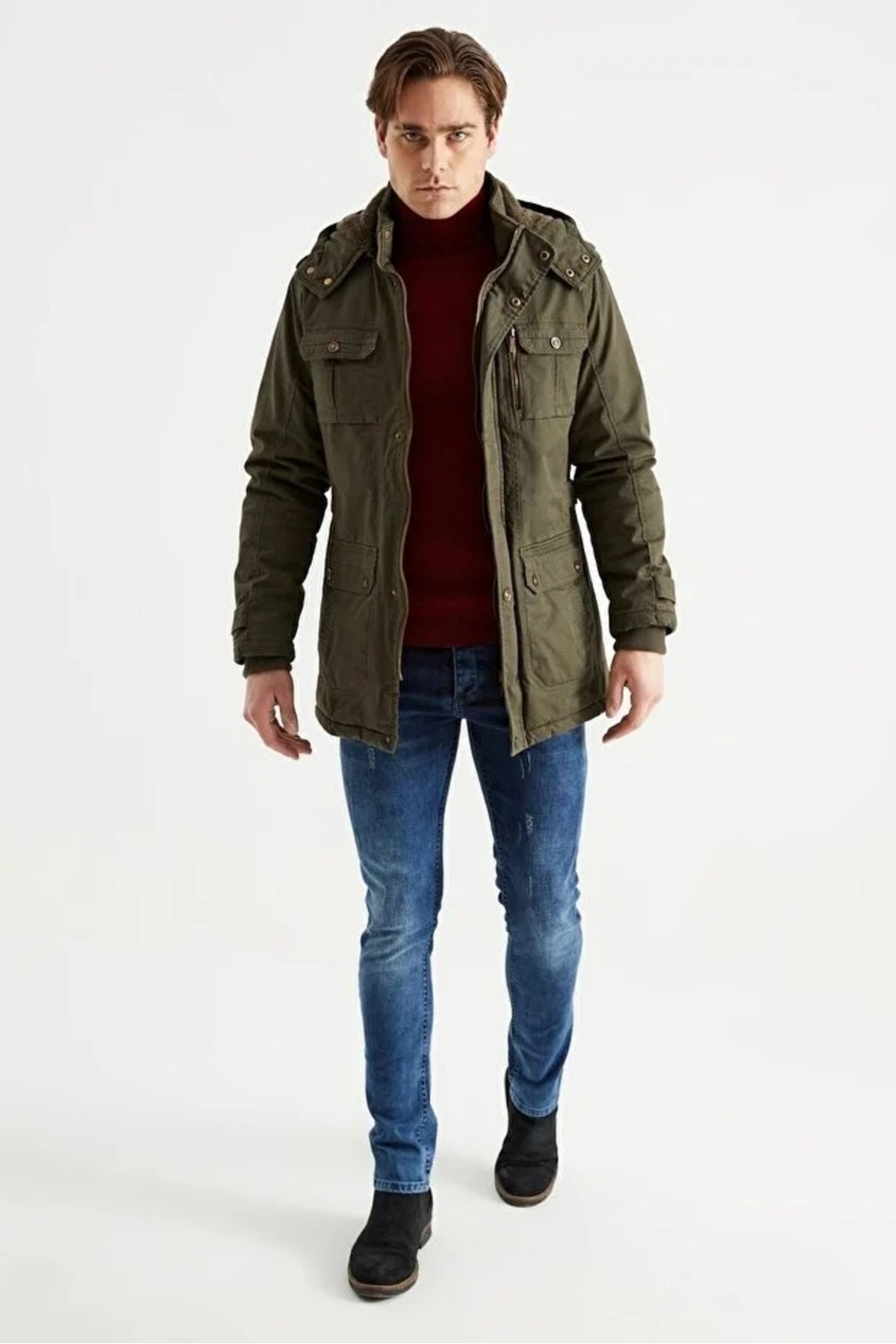 Dynamo  Erkek Askeri Yeşil Kapüşonlu Kürk Astarlı Su Geçirmez Kaplamalı Kalın Kaban - Görsel 7