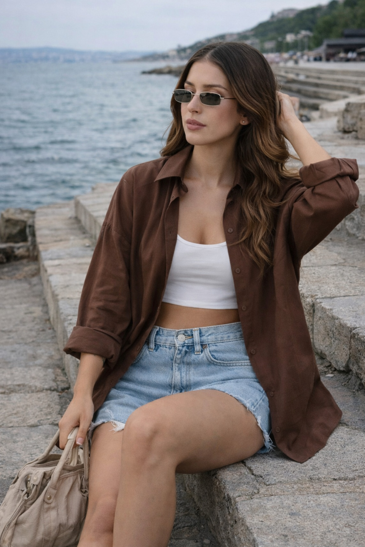 bb butik basic  Oversize Keten Dokulu %100 Pamuk Tek Cepli Salaş Kahverengi Gömlek BB-KU3435