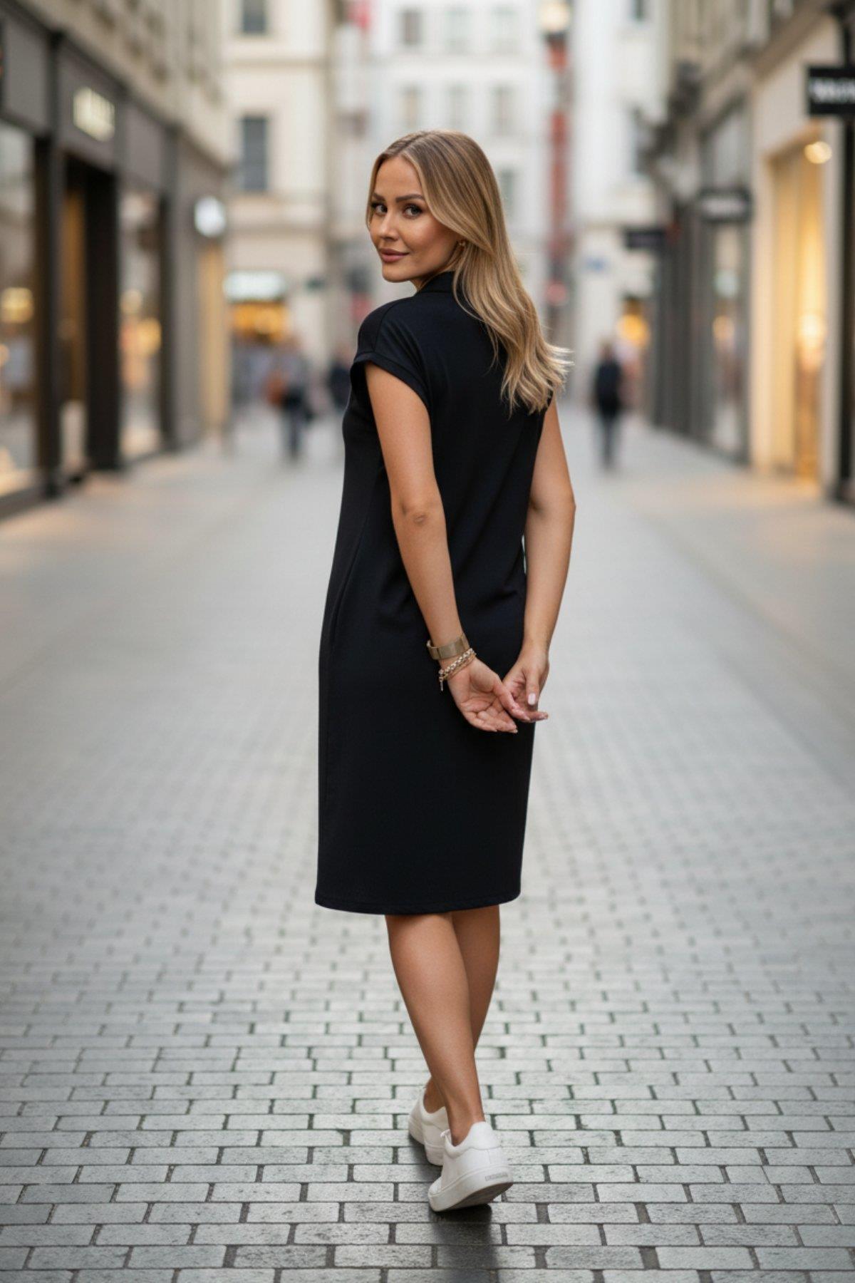 Mossta  Polo Yaka Cep Detaylı Viskon Elbise Siyah - Görsel 6