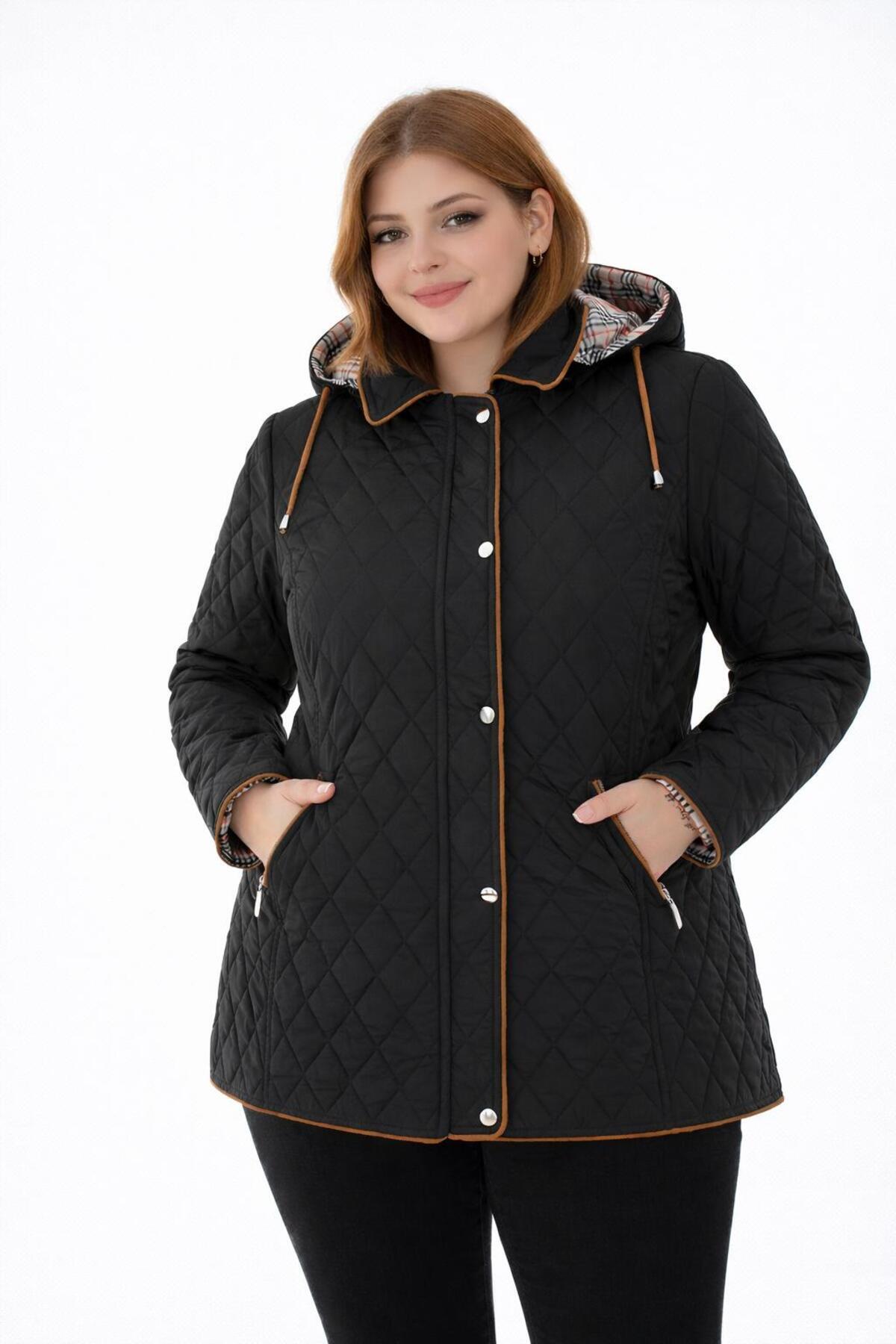 TUTveAL Collection  Baharlık Ekoseli Kapitone Mont Kapüşonlu Siyah Kapitone Mont Büyük Beden Mont Suya Dayanıklı - Görsel 6