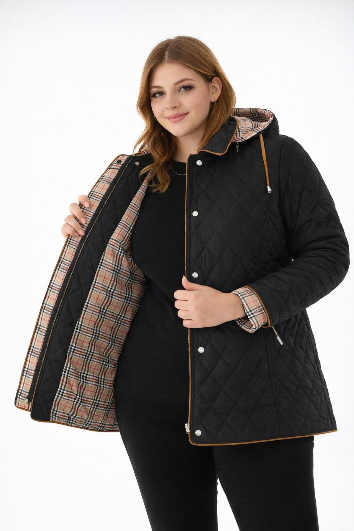 TUTveAL Collection  Baharlık Ekoseli Kapitone Mont Kapüşonlu Siyah Kapitone Mont Büyük Beden Mont Suya Dayanıklı - Görsel 8