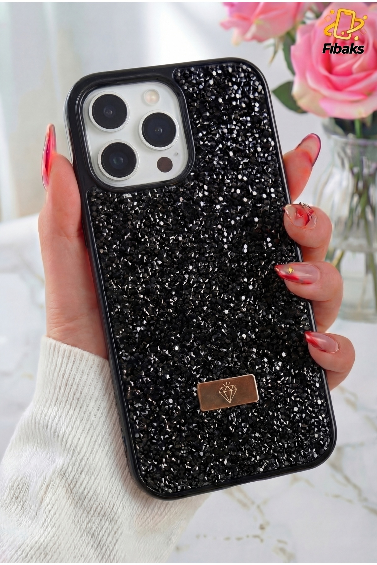 iPhone 16 Pro Max Case Velvet Diamond Design Black Gemstone Sparkly Diamond Silicone Cover