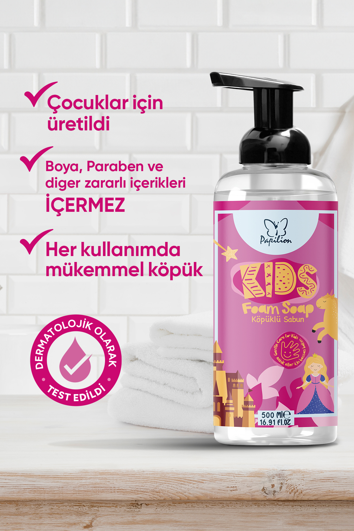 Papilion Kids Pembe Prenses Köpük Sabun 2x500 ml Çocuklara Özel Nazik El Temizliği Hassas Bakım fotoğrafı 3 (önizleme)