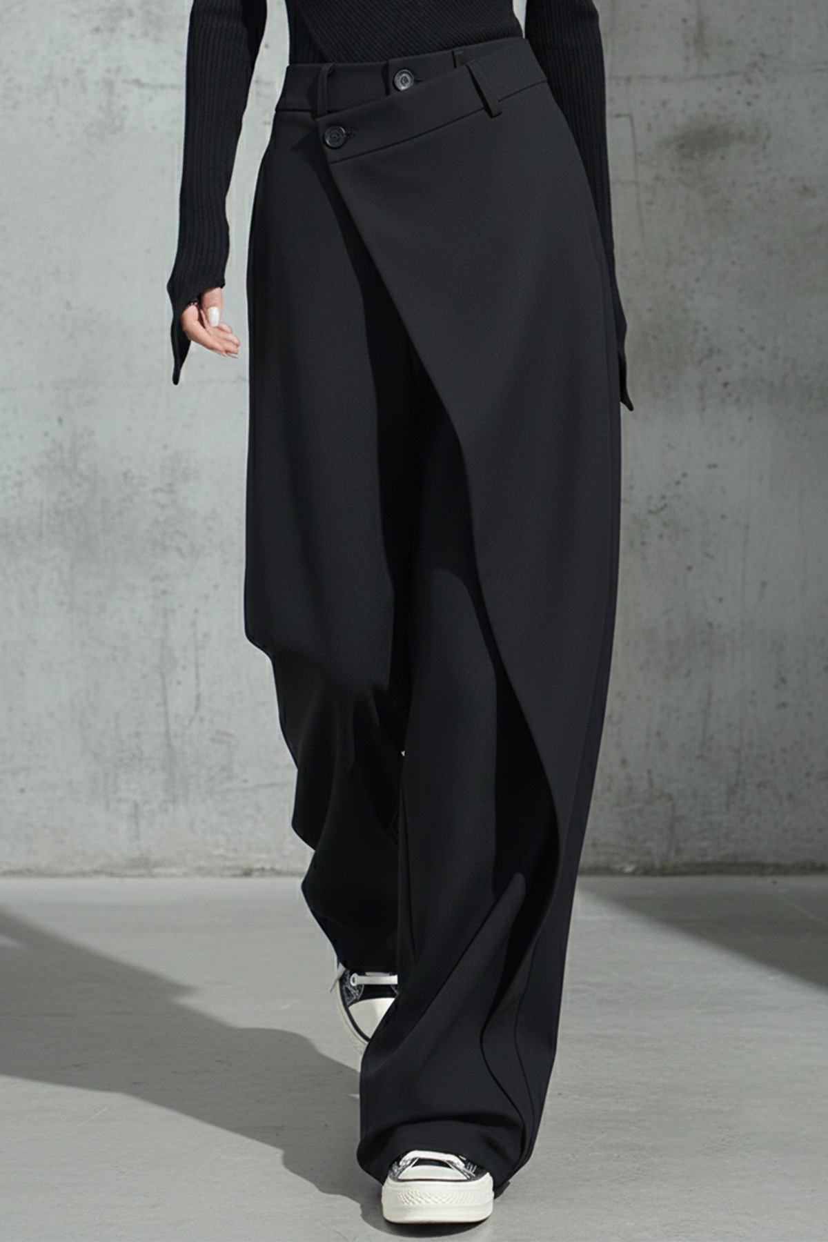 bshood  X Nurbeli Siyah Kadın Düğme Kapama Asimetrik Tasarımlı Palazzo Pantolon