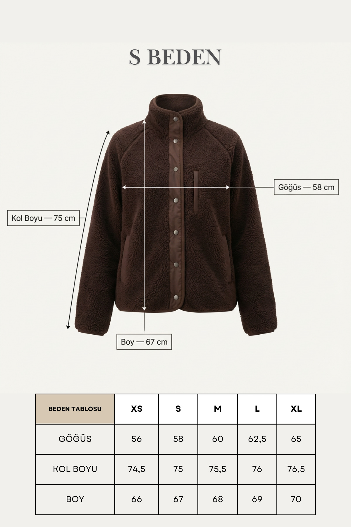 Grenj Fashion  Kahverengi Oversize Peluş Örme Spor Ceket - Görsel 5