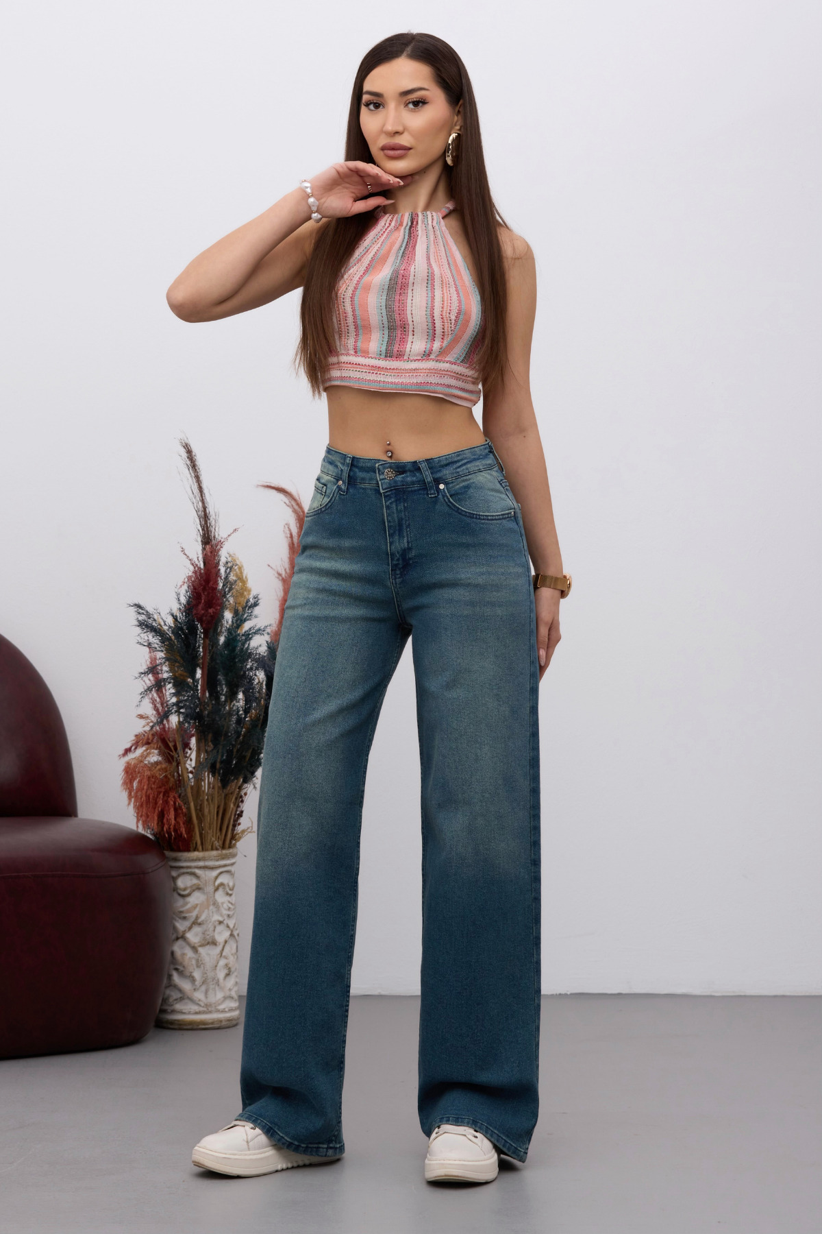 BİKELİFE  Kadın Yüksek Bel Esnek Soluk Efektli Vintage Geniş Paça Wide Leg Rahat Jean - Görsel 8