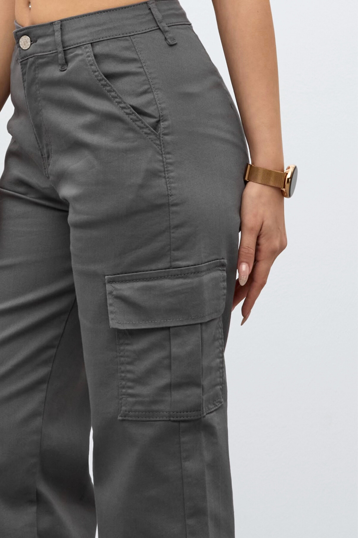 BİKELİFE  Gri Kargo Cepli Gabardin Kumaş Pantolon - Görsel 4