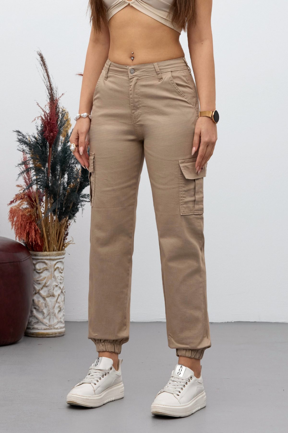 BİKELİFE Bézs Cargo Pocket Gabardine szövet nadrág