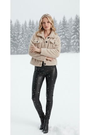 Justin CAMEL Üst Cep Detaylı Düğmeli Oversize Peluş Ceket / Mont