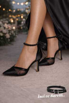 Famels Milano Kadın 7 cm Topuklu Ayakkabı Siyah Saten İncili ve Baretli ,File...