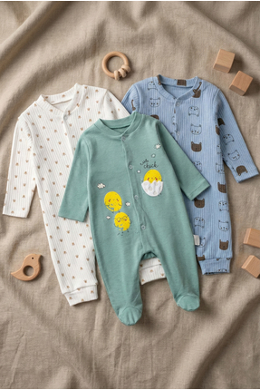 Noone 3'lü Avantaj Paketi %100 Pamuklu Uzun Kollu Boydan Çıtçıtlı Bebek Tulum...