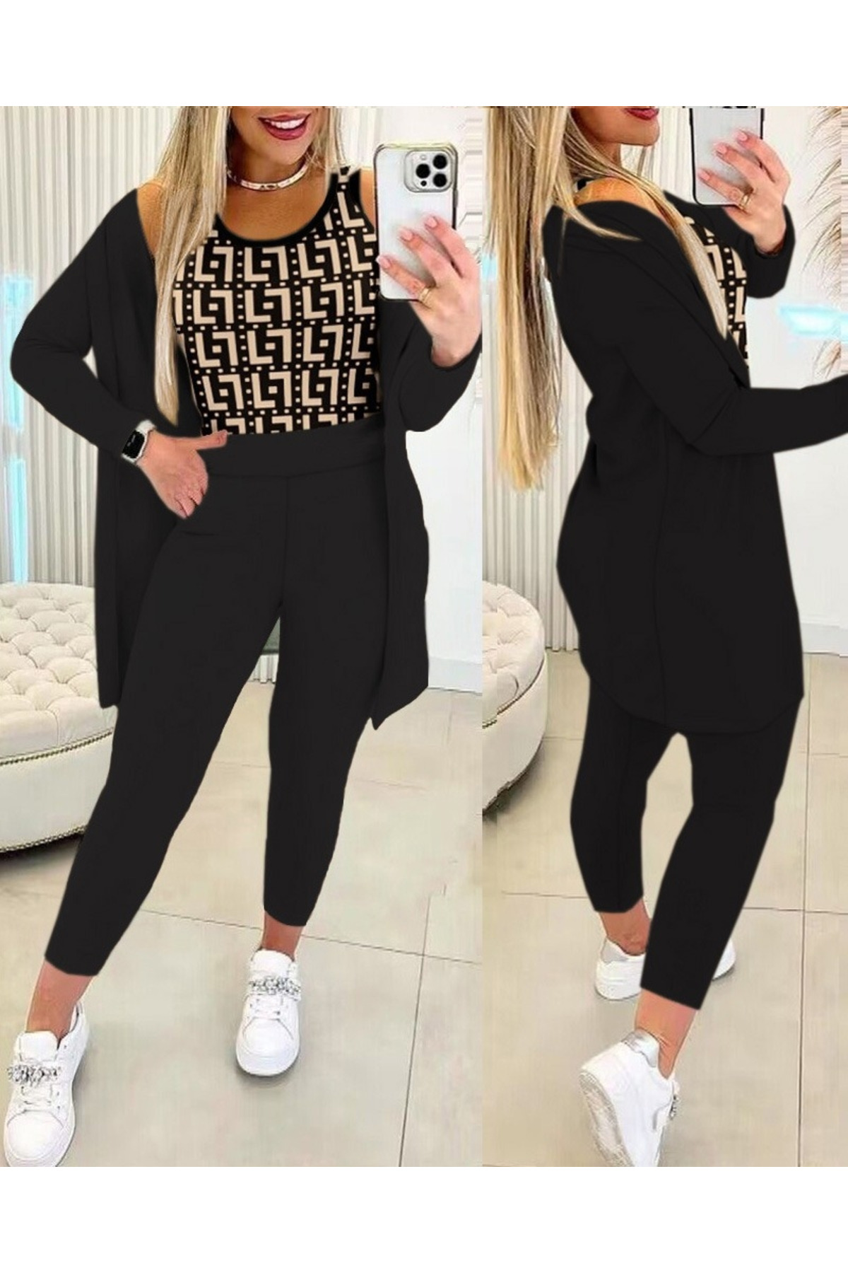 JANES Дамски креп комплект от три части с дълъг ръкав 