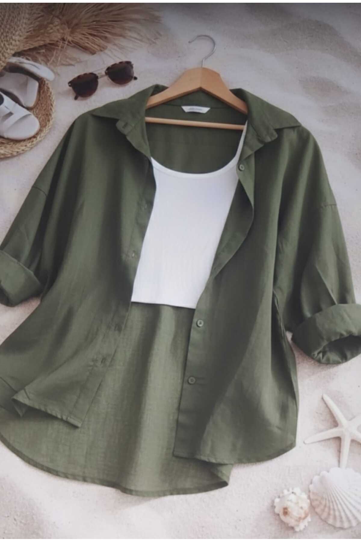 blackbonds Дамска военна зелена ленена риза Лятна риза с голям размер Нов сезон