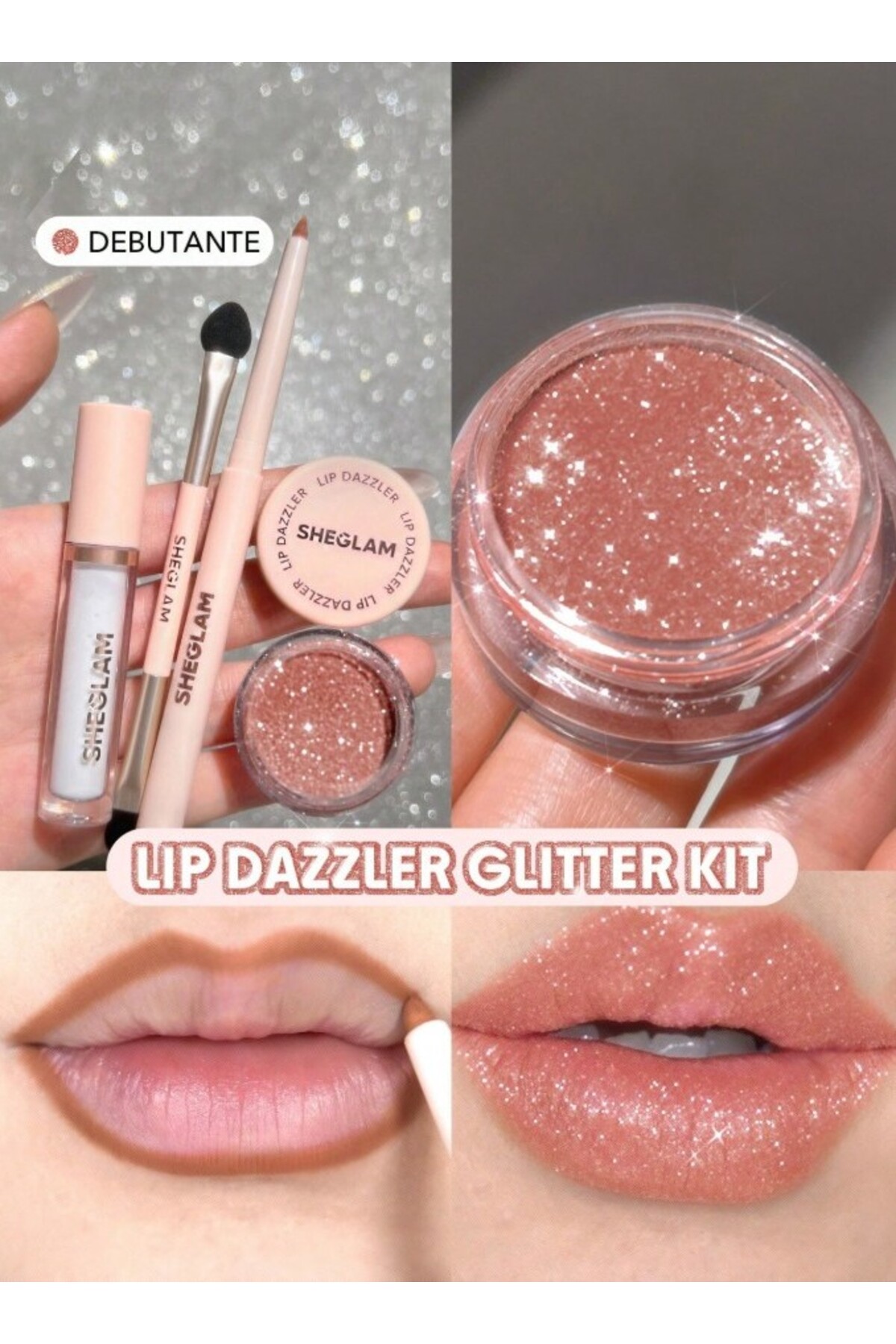 SHEGLAM Lip Dazzler Glitter Kit – Debutante - (Pembe Altın