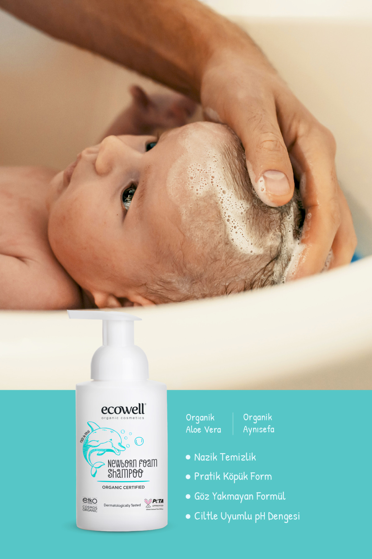 Ecowell Organik Yenidoğan Bebek Saç Ve Vücut Köpük Şampuanı Vegan Sertifikalı Konak Önleyici Kokusuz 300 ml fotoğrafı 2 (önizleme)