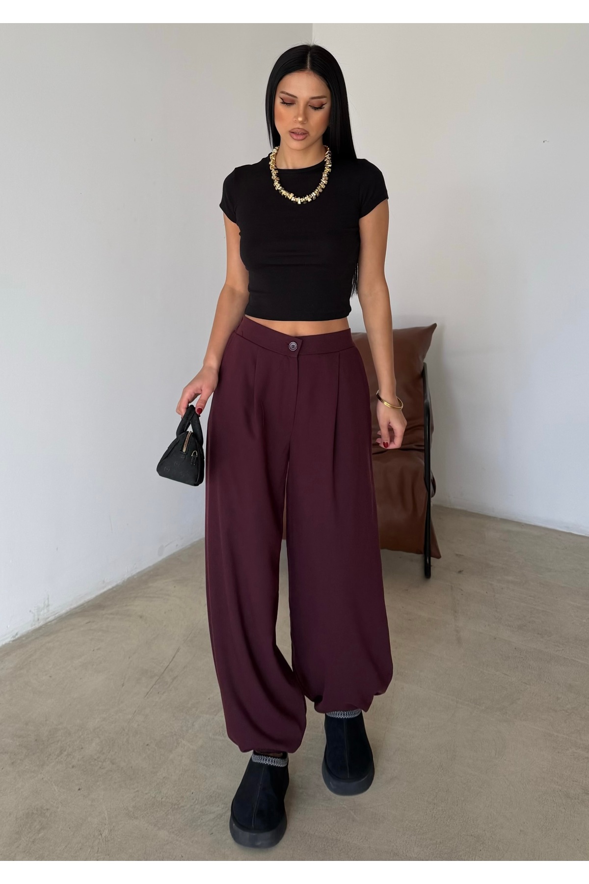 Women's Burgundy Pleated Oversize Woven Shalwar Pants