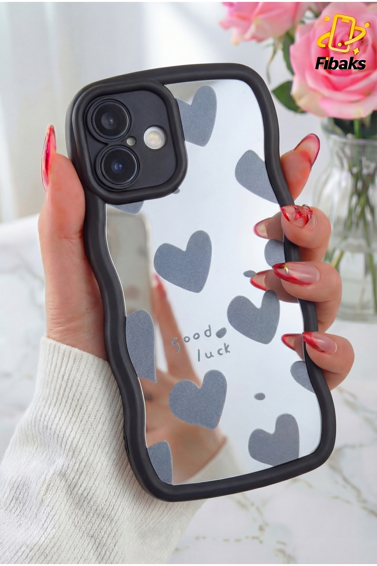 iPhone 16 Case Mirrored Heart Pattern Soft Edge Camera Protected Silicone Cover
