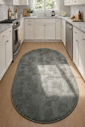 Raschel Carpet Yıkanabilir Oval Elips Leke Tutmaz Emboss Bohem Koyu Gri Mutfa...