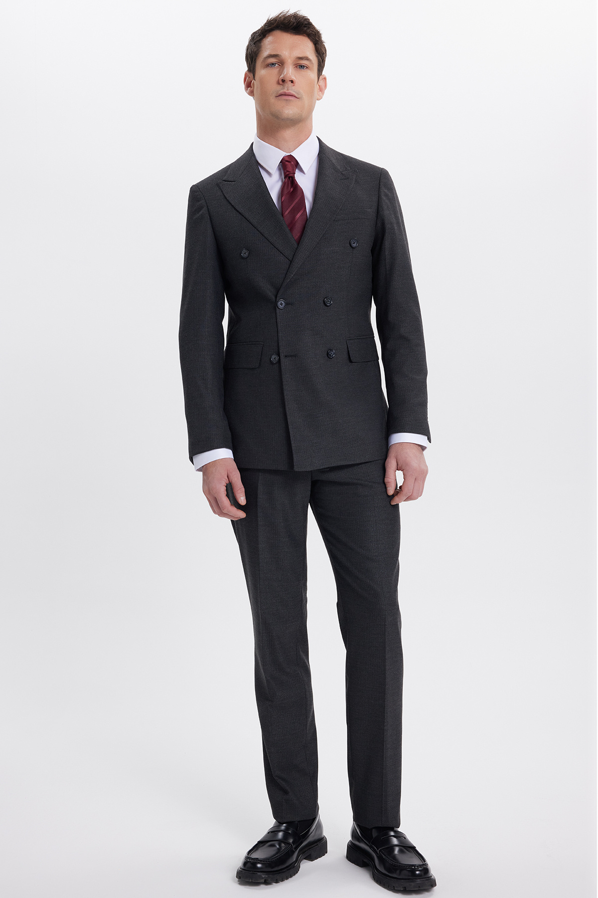Tudors Erkek Slim Fit Sivri Yaka Çizgili Kapaklı Cepli Antrasit Takım Elbise görsel 2
