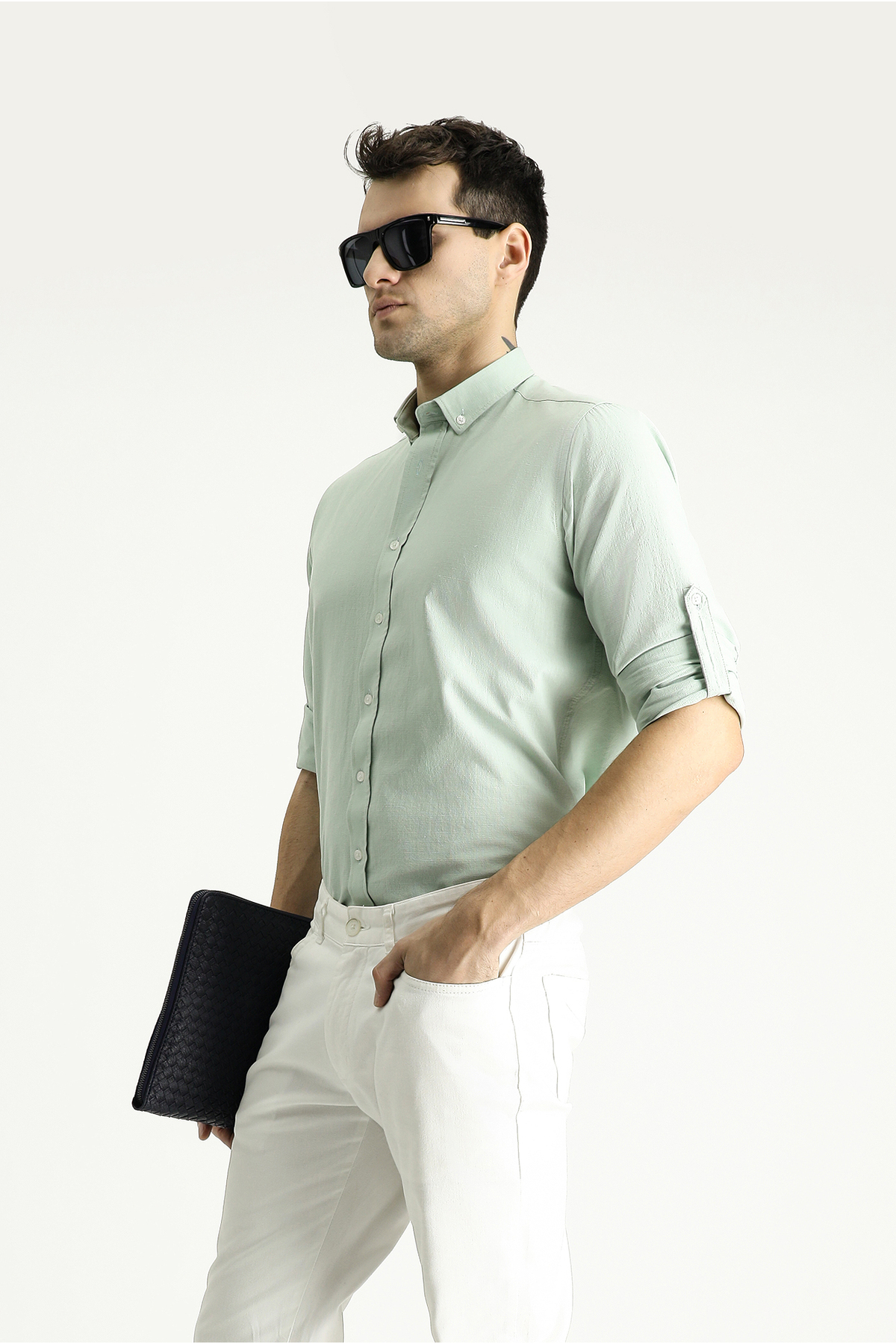 Kiğılı  Uzun Kol Rahat Kesim Düğmeli Yaka Pamuk Nefes Alabilen Keten Görünümlü Gömlek - Görsel 3