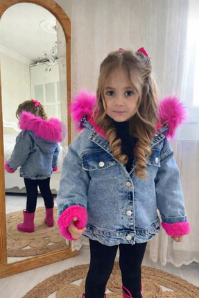 DUDOR KİDS Kız Çocuk Kürklü Kapşonlu Kalın Kot Mont