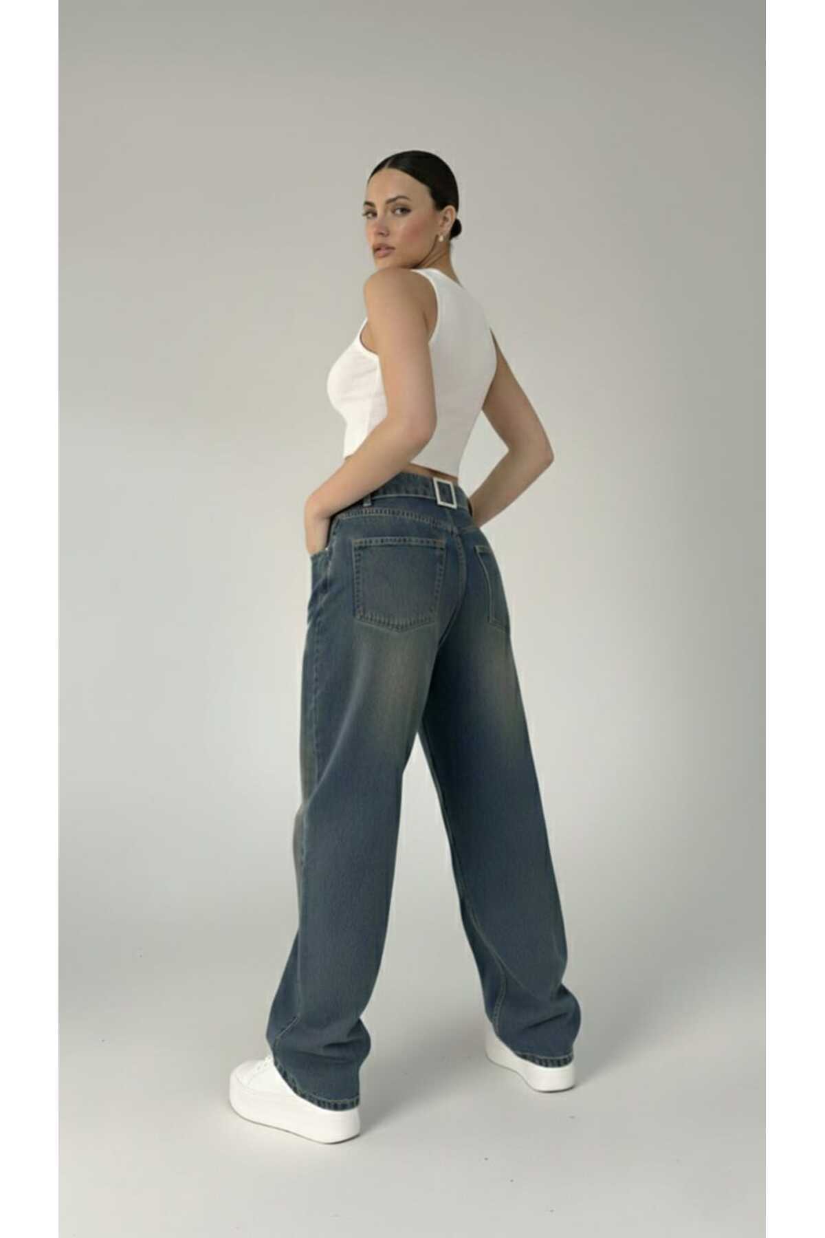 Trn JNS  Avril Mavi Bakır Tint Toka Detaylı Bol Kesim Geniş Paça Rahat Baggy Jean Kot Salaş Kadın Pantolon - Görsel 8