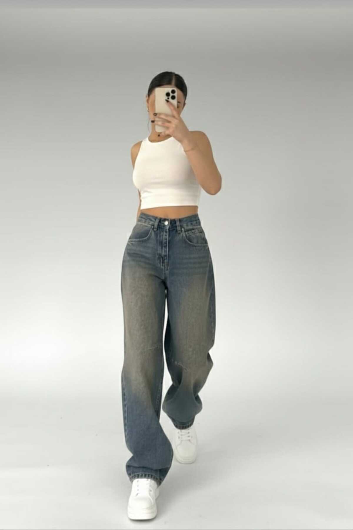 Trn JNS  Avril Mavi Bakır Tint Toka Detaylı Bol Kesim Geniş Paça Rahat Baggy Jean Kot Salaş Kadın Pantolon - Görsel 6