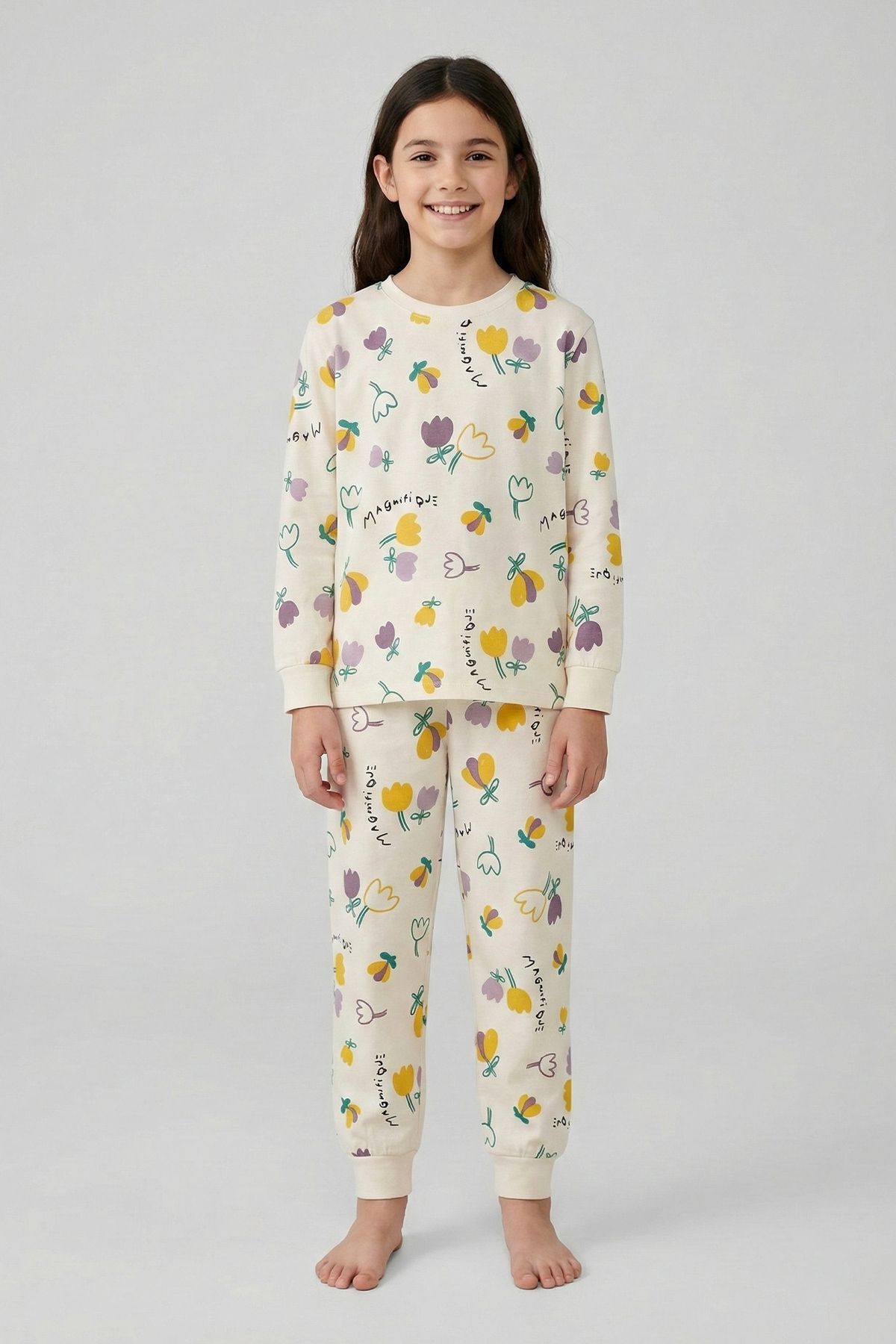 zuzunga Magnifi Ove Yazılı Lale Baskılı Kız Çocuk Pijama Takımı fotoğrafı 3 (önizleme)