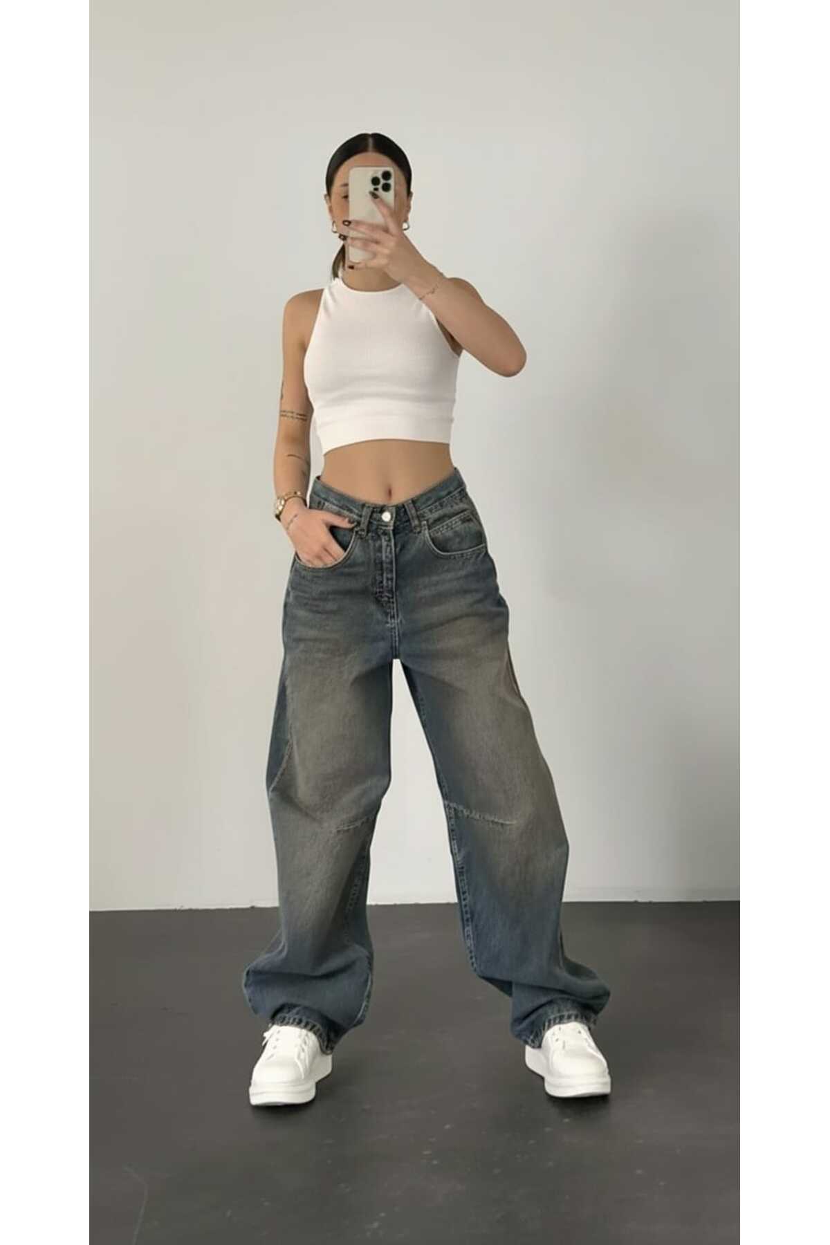 Trn JNS  Avril Mavi Bakır Tint Toka Detaylı Bol Kesim Geniş Paça Rahat Baggy Jean Kot Salaş Kadın Pantolon